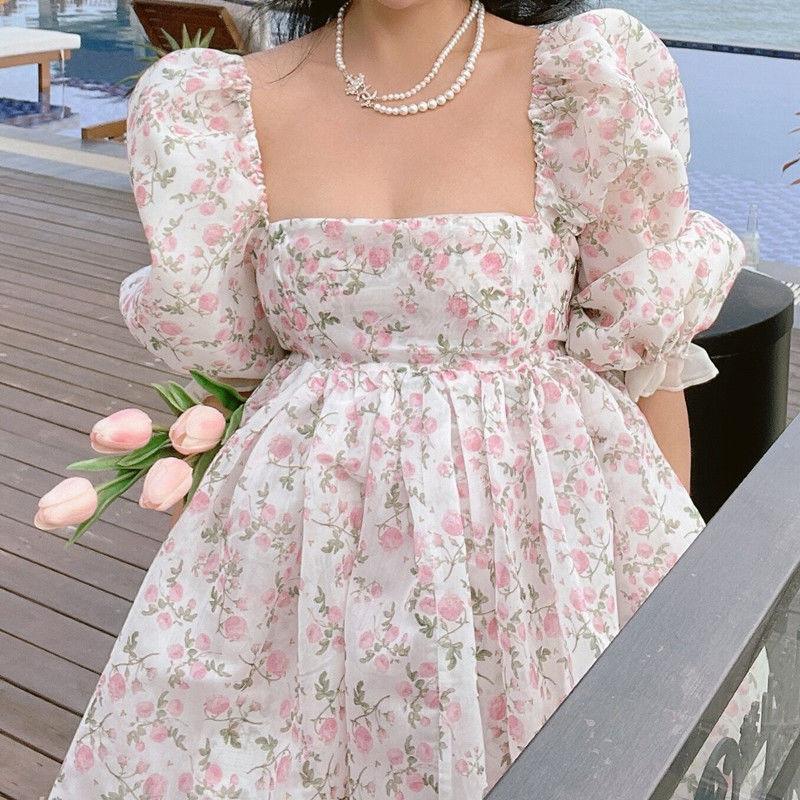 Summer Women Dress Both-Sides Wear Floral Print Chiffon Organza Dress Sexy Square Neck Puff Sleeve Party Prom Skirt Short Sweet - Viva Vista Store