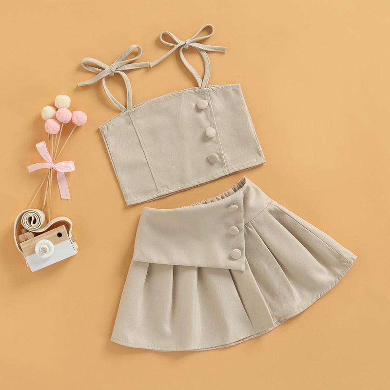 1-6Y Solid Strap Lace Up Vest Tops+High Waist Pleated Skirts - Viva Vista Store