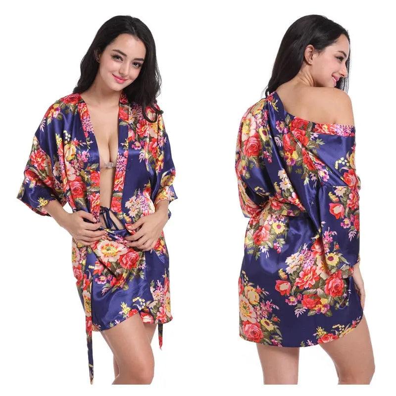 Women Floral Kimono Robe Satin Bridal Dressing Gown Bride Bridesmaid Robes Sleepwear - Viva Vista Store