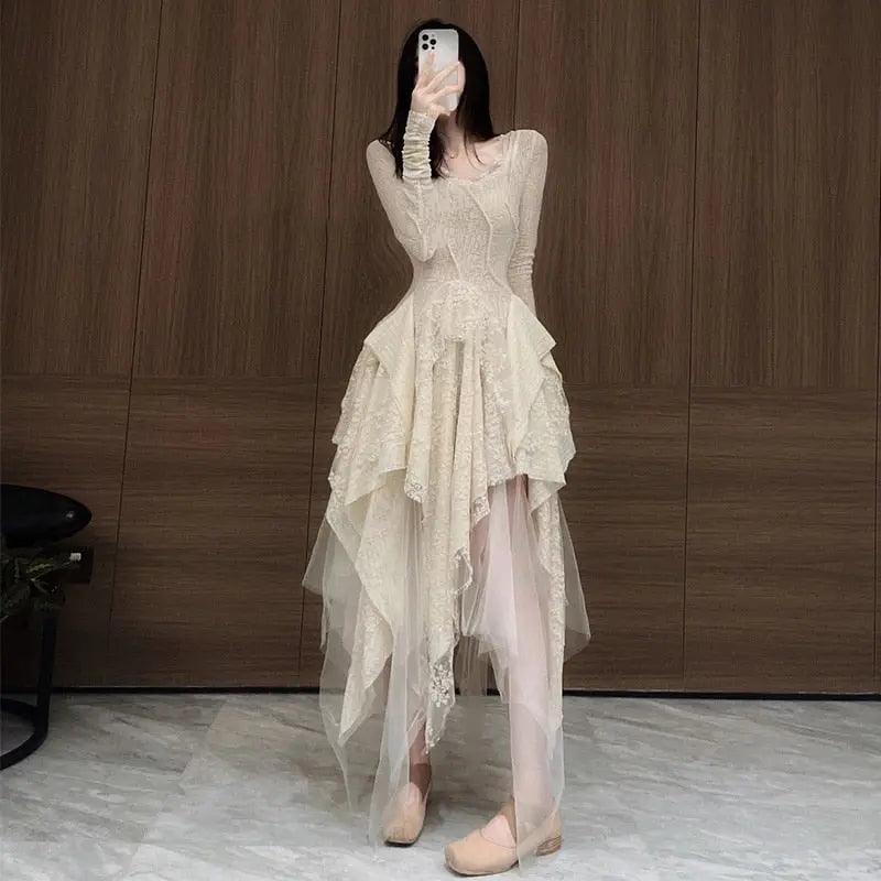 Beige Lace Layered Dress - Viva Vista Store