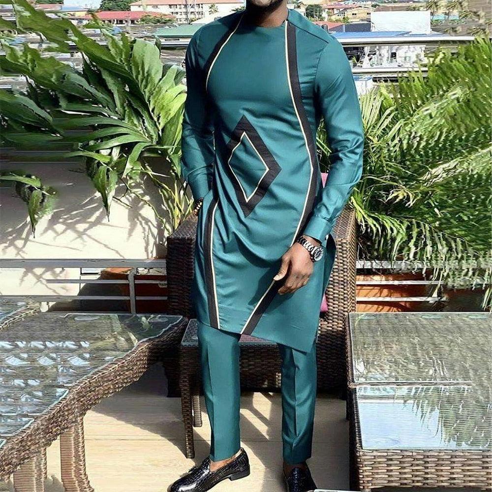 Dashiki African Clothing For Men Casual Green Geometric Print Suit Long Sleeve Shirt Trouser African Suit For Men Set 2 Pieces - Viva Vista Store