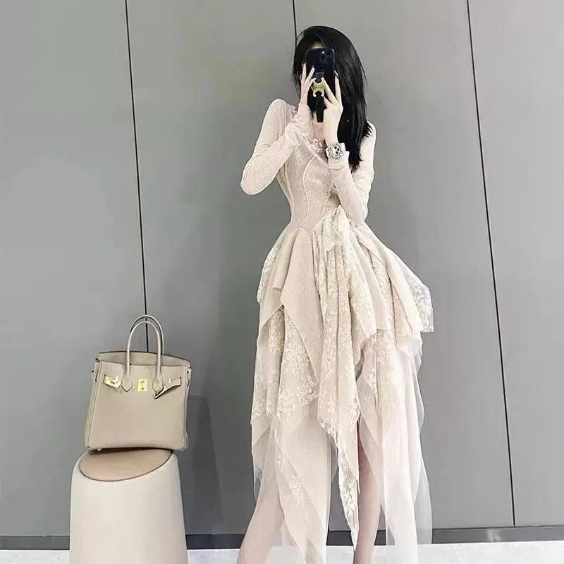 Beige Lace Layered Dress - Viva Vista Store