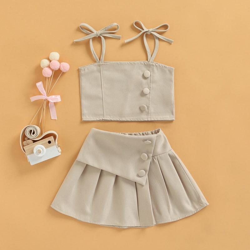 1-6Y Solid Strap Lace Up Vest Tops+High Waist Pleated Skirts - Viva Vista Store