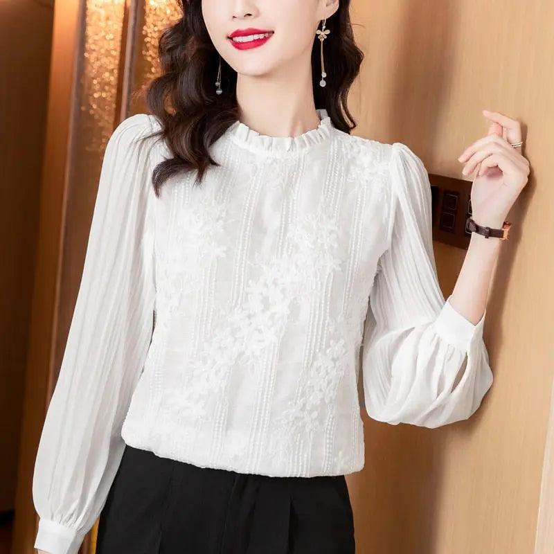 Long Sleeve Blouse Women Blusas Mujer De Moda 2022 Stand Collar Lace Chiffon Blouse Shirt Women Tops Blouses Femme Blusas E159 - Viva Vista Store