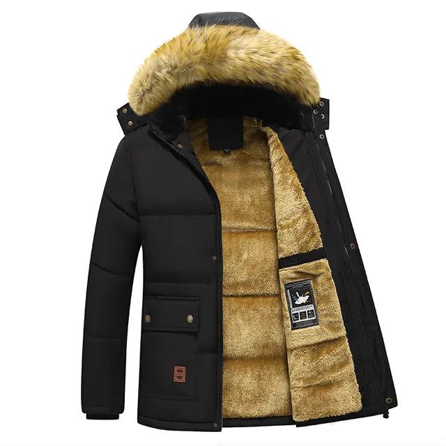 Windproof Fleece Thick Jacket Coat Men Fashion Hooded Fur Collar - Viva Vista Store