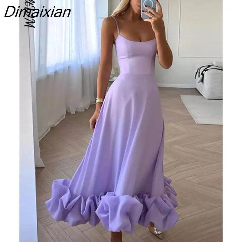 Dimaixian Sexy Solid Ruffle Hem Sling Long Dress Women Fashion Sleeveless A Line Dresses 2023 New Spring Lady Evening Party Vestido - Viva Vista Store