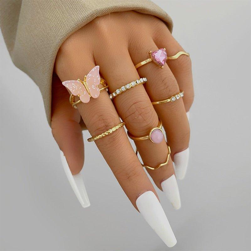 Boho Sensation Pink Butterfly Heart Wave Ring Set - Viva Vista Store