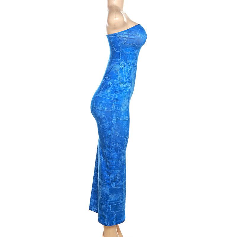 Robe coupe ajustée bandeau en denim imprimé 3D pour femmes