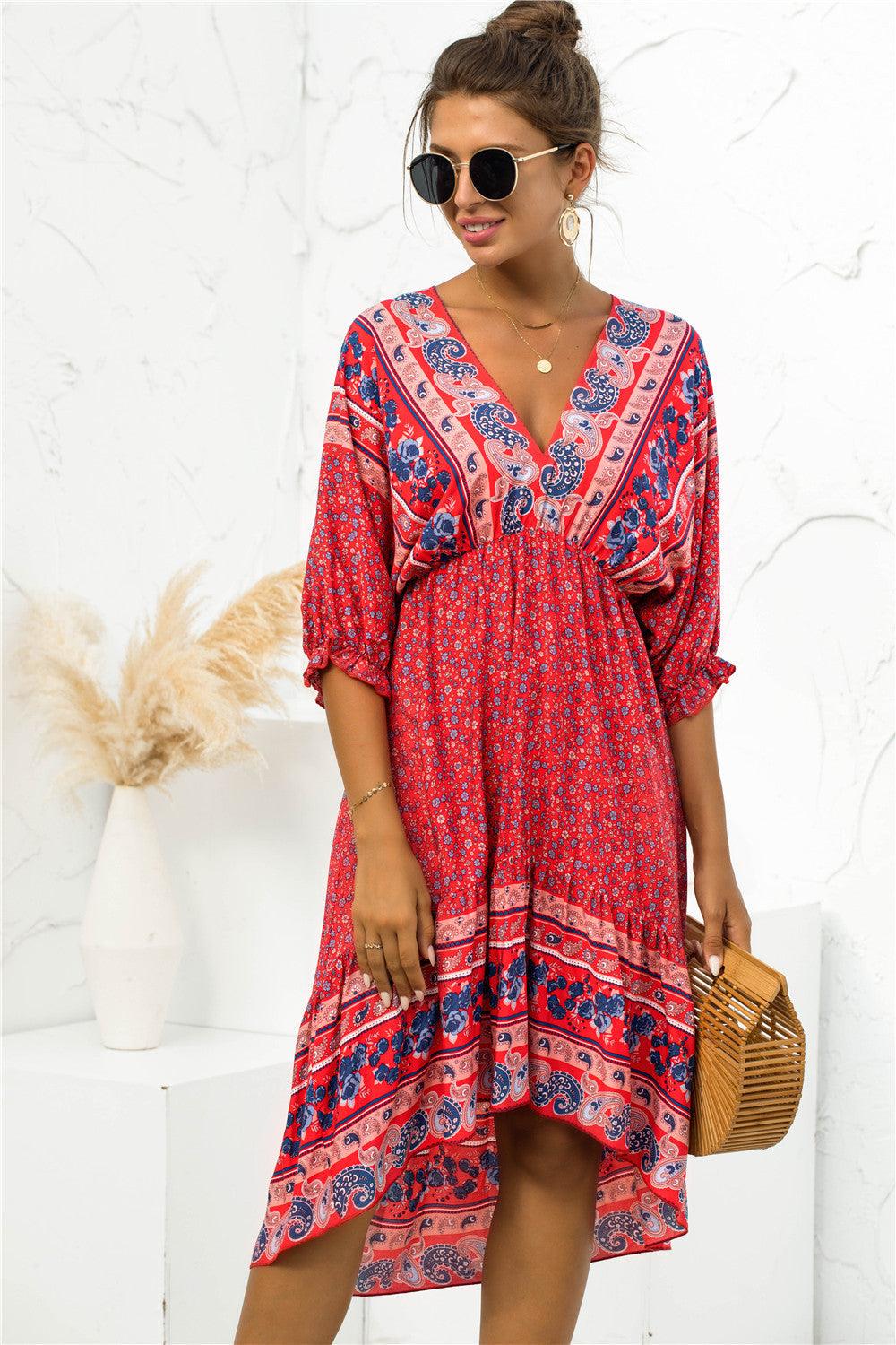 Printed Bohemian V Neck Dress - Viva Vista Store