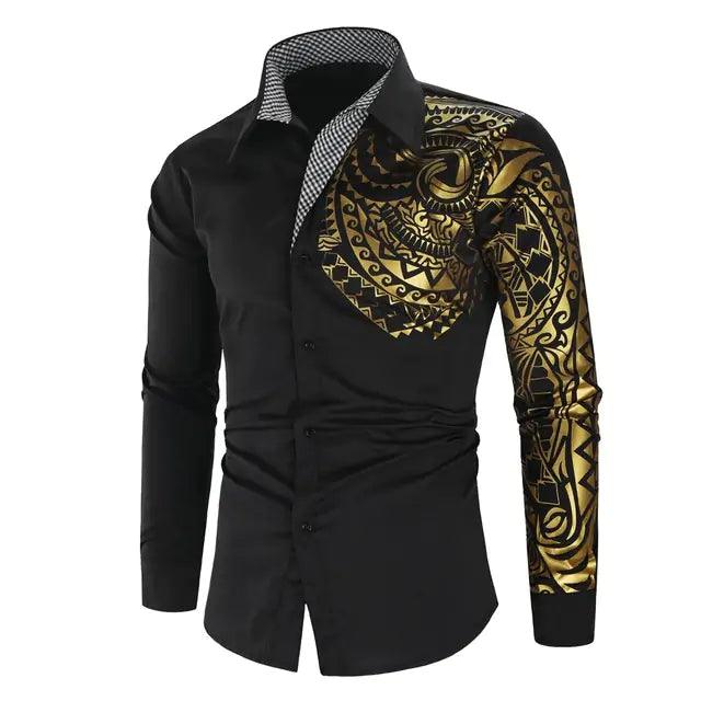 Luxury Gold Black Shirt Men New Slim Fit Long Sleeve - Viva Vista Store