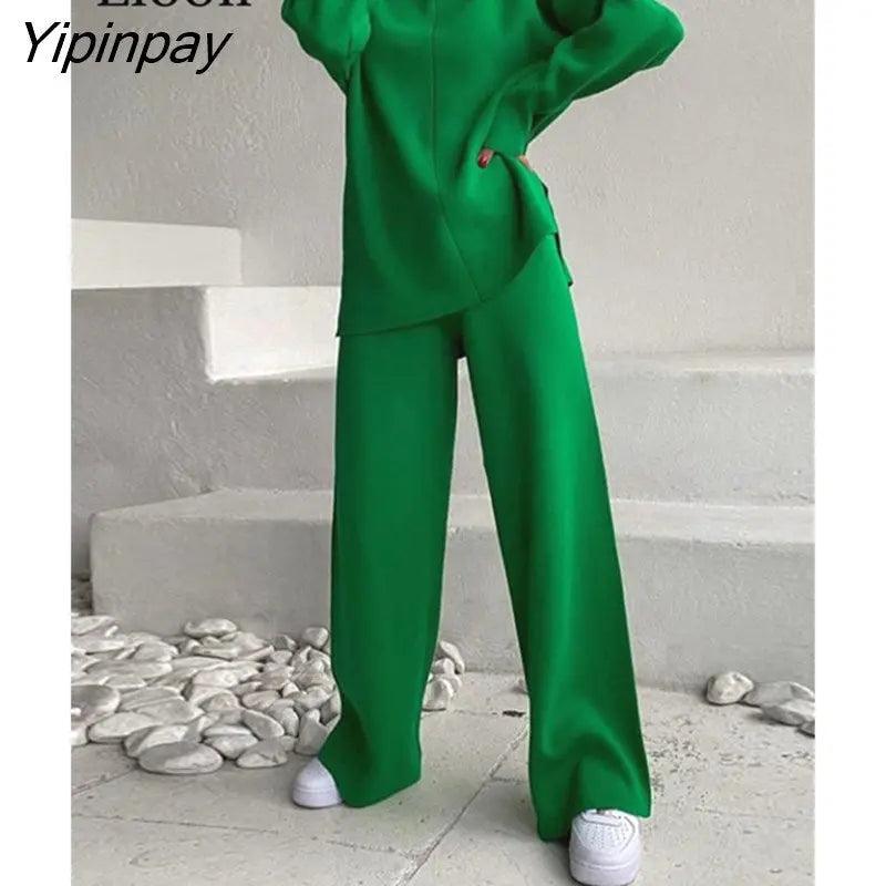 Yipinpay Knitted Two Piece Set Baggy Turtleneck Sweater Tops And Pants Women High Waist Autumn Winter Knitwear Loose Sweaters Sets - Viva Vista Store