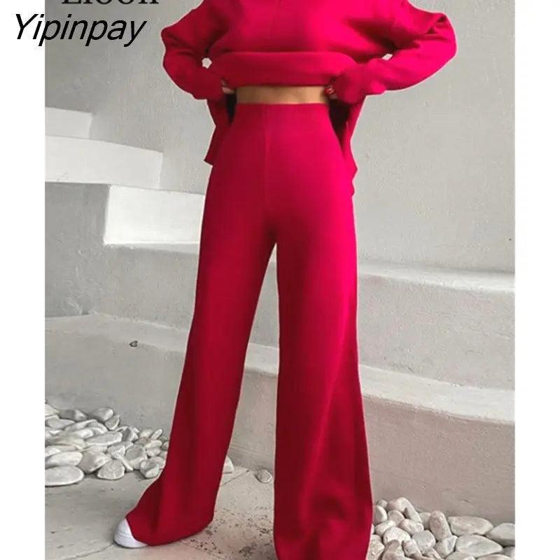 Yipinpay Knitted Two Piece Set Baggy Turtleneck Sweater Tops And Pants Women High Waist Autumn Winter Knitwear Loose Sweaters Sets - Viva Vista Store