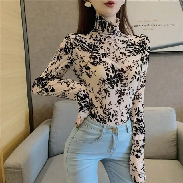 Girls Transparent Flocking Mesh Blouses Shirts Tees Female Turtleneck Sexy Full Sleeve Blouses Tops For Women - Viva Vista Store