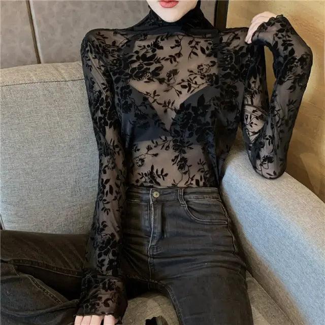 Girls Transparent Flocking Mesh Blouses Shirts Tees Female Turtleneck Sexy Full Sleeve Blouses Tops For Women - Viva Vista Store