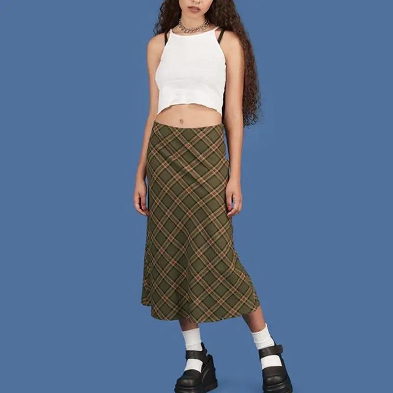 Elizabath E-girl Plaid High Waist Mermaid Skirts Women Streetwear Cotton Long Skirts Chic Vintage Y2K Style Ladies Bottoms Summer - Viva Vista Store