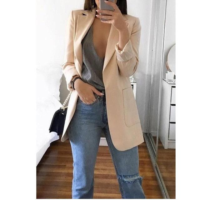 Anokhinaliza Women's Blazer jackets Spring Autumn Casual Plus Size Fashion Basic Notched Slim Solid Coats Office Ladies OutwearChic loosecoat - Viva Vista Store