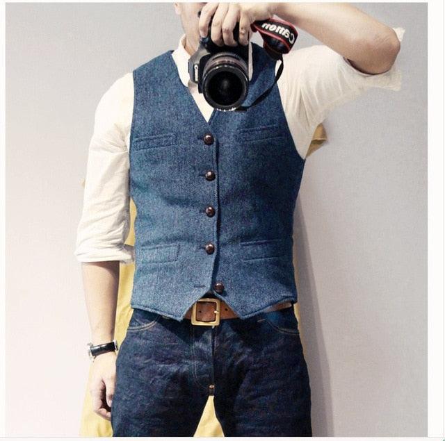 Lovezzr Men's Suit Vest Blue Single Breasted Woolen Blended Mens Vest Denim Jeans Waistcoat Jacket Slim Fit Casual Formal Business - Viva Vista Store