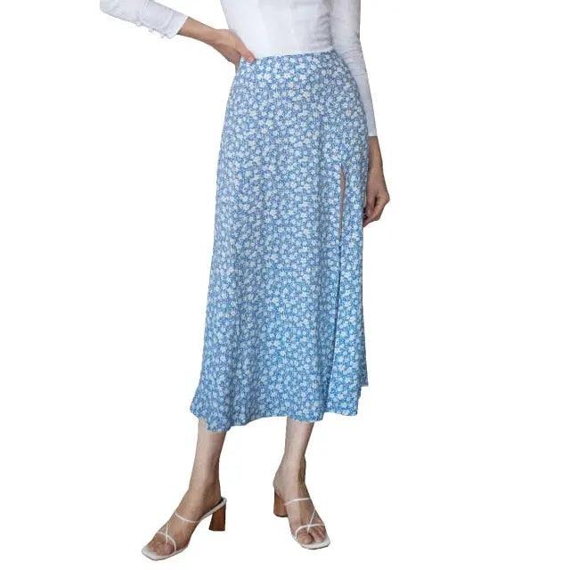 Fashion vintage skirt 2021 flower polka dot print high waist stretch split long A-line skirts for women beach maxi skirt - Viva Vista Store