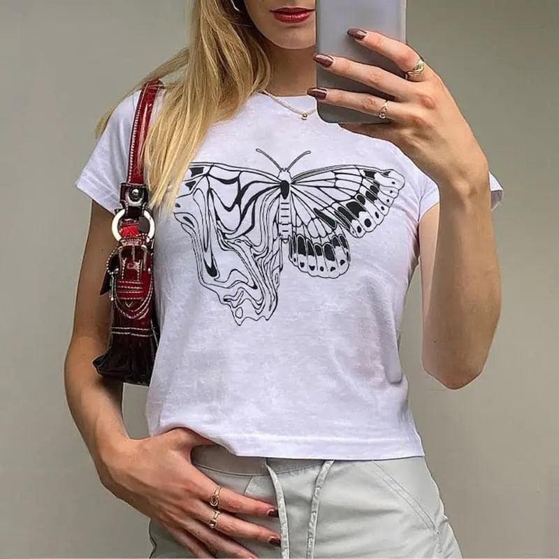 Y2K White Butterfly Graphic Printed Tee - Viva Vista Store