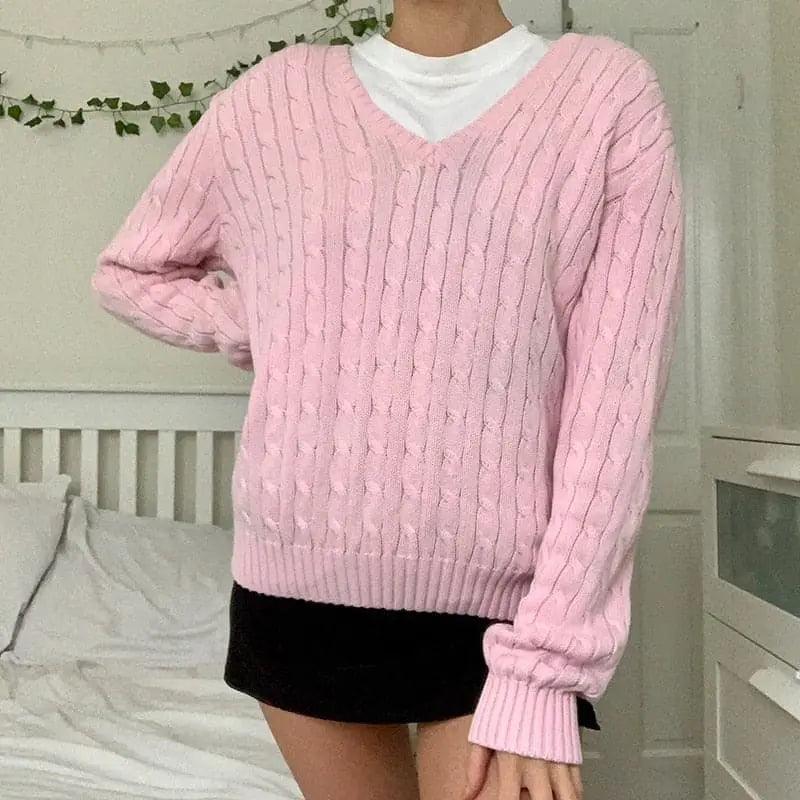 Y2K Preppy Twist Cable Knitted Sweater - Viva Vista Store