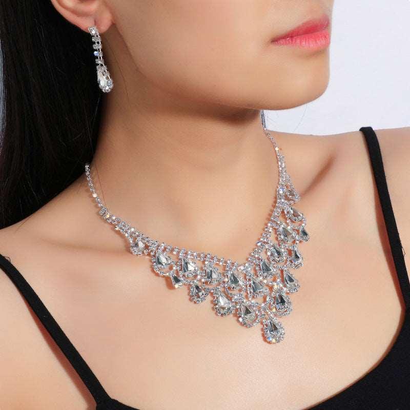 Bridal Crystal Full Diamond Necklace Earrings Two-piece Set - Viva Vista Store