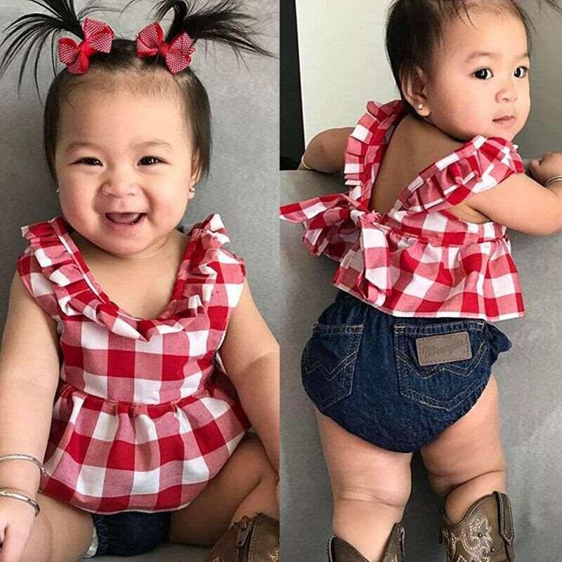 3pcs Infant Baby Girl Plaid Vest Tops Dress+Denim Pants+Headband Outfits Clothes