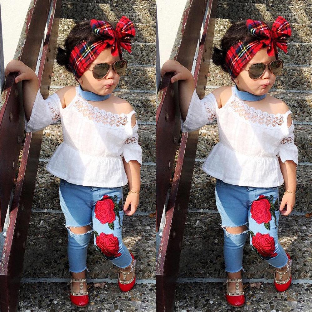 Newest Toddler Kids Girls Lace Tops Shirt Flower Jeans Denim Pants Outfits Set - Viva Vista Store