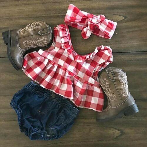 3pcs Infant Baby Girl Plaid Vest Tops Dress+Denim Pants+Headband Outfits Clothes - Viva Vista Store