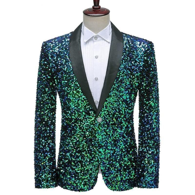 Shiny Green Shawl Collar One Button Sequins Bling Glitter Party Blazer - Viva Vista Store