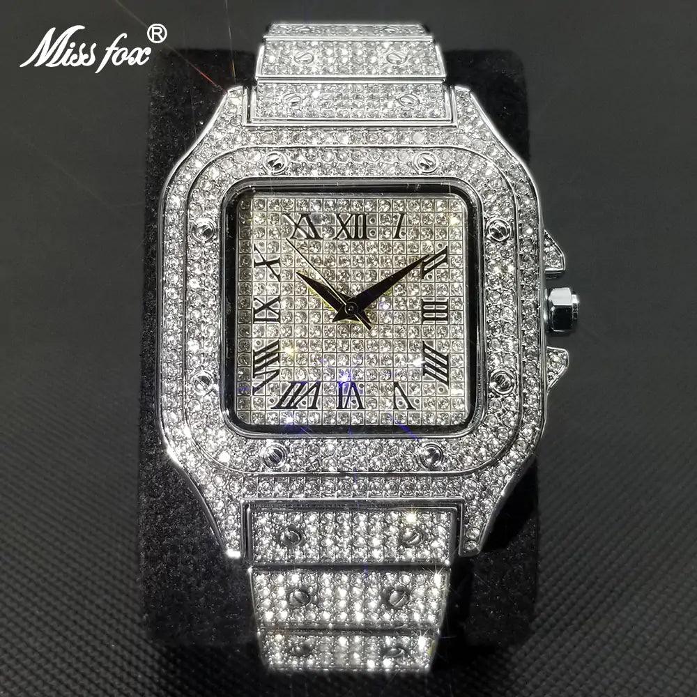 MISSFOX Ice Out Square Watch For Men Top Brand Luxury Full Diamond Mens Watches Ultra Thin Waterproof Hip Hop Clock Dropshipping - Viva Vista Store