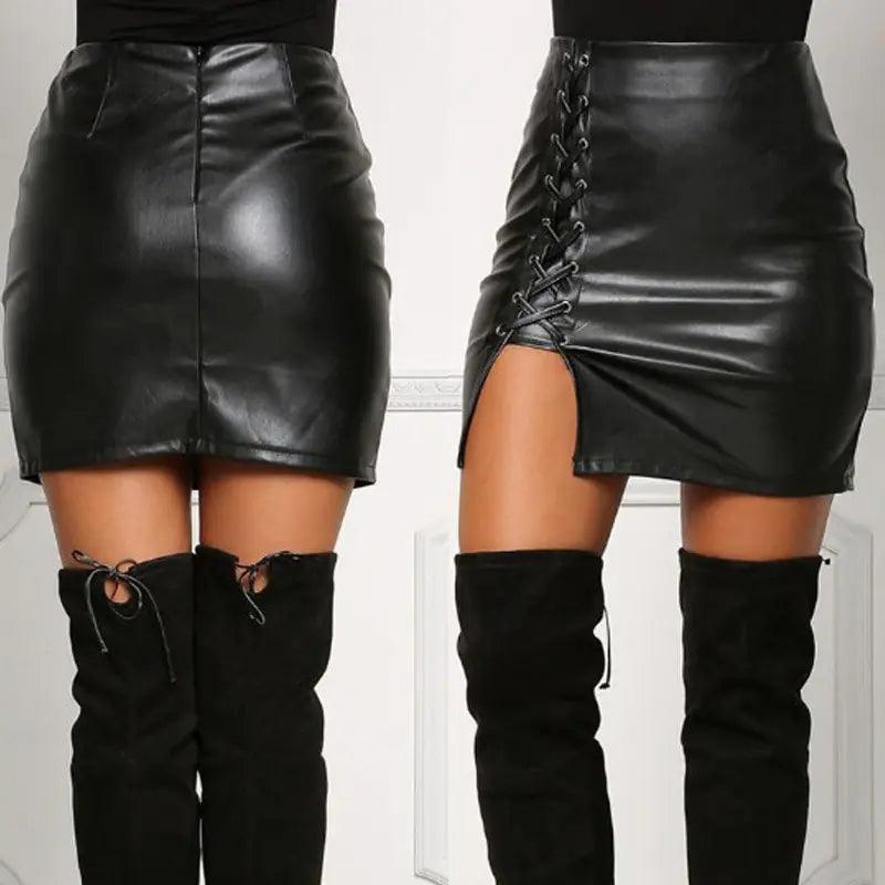 Belted Leather High-Slit Skirt - Viva Vista Store