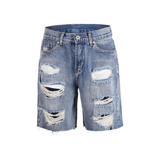 Short jeans Europe and America loose hipster OS knife cut hole ridge denim shorts men and women pants casual pants - Viva Vista Store