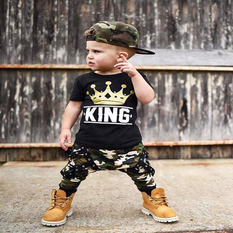 Short-sleeved black top casual camouflage pants boys suit - Viva Vista Store