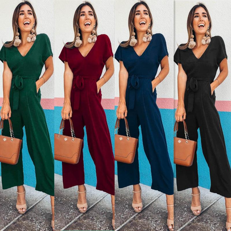 Cross-border women's Amazon wish2019 summer short-sleeved V-neck jumpsuit temperament casual wear - Viva Vista Store