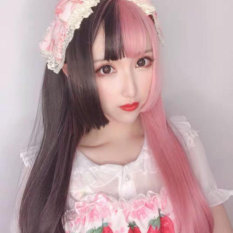 Yin Yang color wig female powder black double tried raw princess cut long straight hair personal handsome cosplay fake - Viva Vista Store