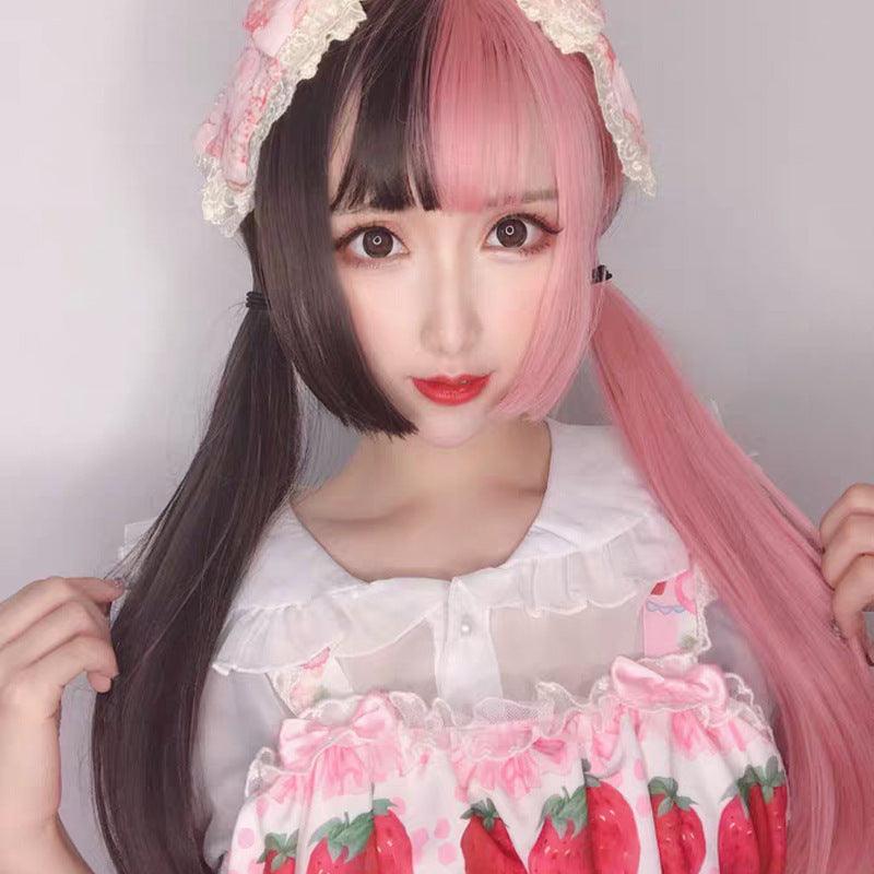 Yin Yang color wig female powder black double tried raw princess cut long straight hair personal handsome cosplay fake - Viva Vista Store