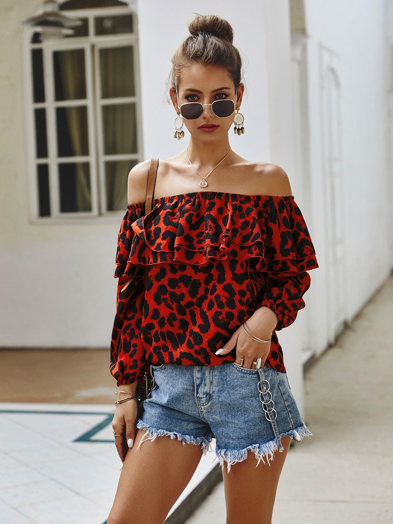 Original design European and American fashion elements leopard print one-shoulder top 2020 spring and summer new 7-point sleeve women's T-shirt - Viva Vista Store