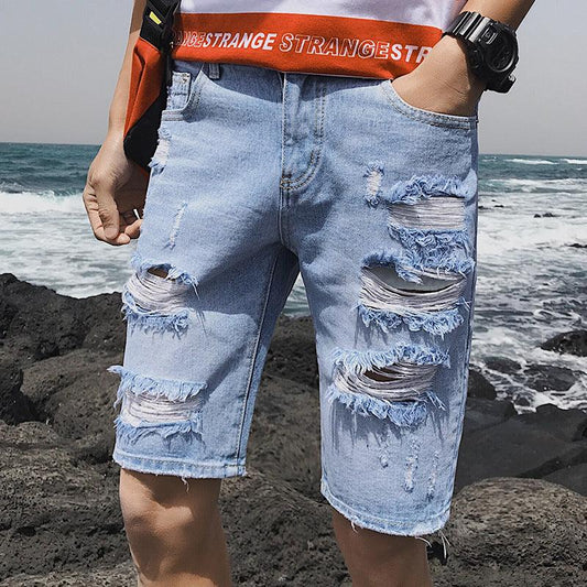 Summer Personality Cowboy Shorts Korean version of the body slim big broken fashion trend five points denim short pants - Viva Vista Store