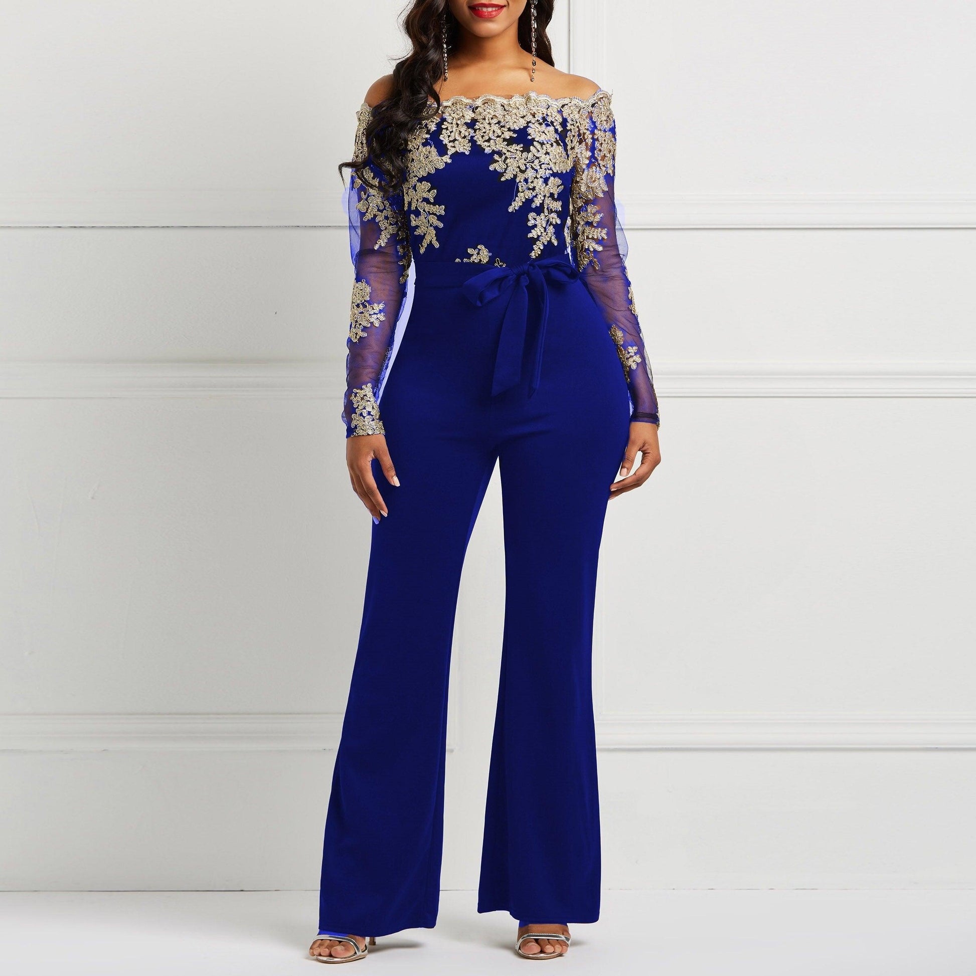 Long Sleeve Off Shoulder Dressy Jumpsuit - Viva Vista Store