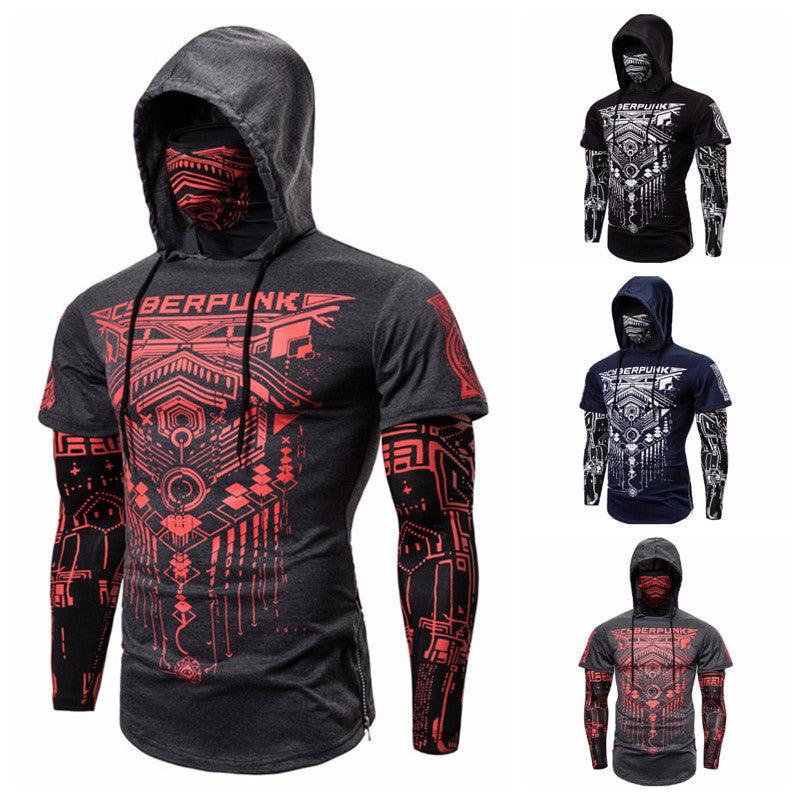 Cross-border European code elastic fitness men's fake two-piece cyberpunk ninja suit hooded sweater T-shirt mask riding - Viva Vista Store