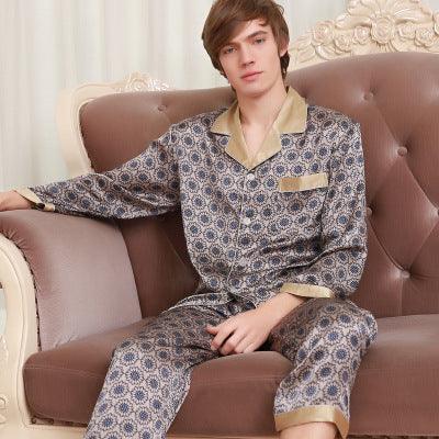 Spring and summer autumn new silk long sleeve trousers two-piece home men's silk pajamas set 011 - Viva Vista Store