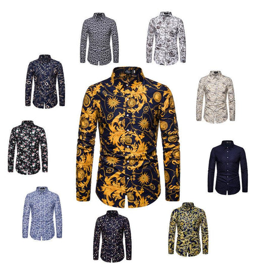 Foreign trade ten color print men's shirt European and American casual large size long-sleeved shirt men's Code flower shirt - Viva Vista Store