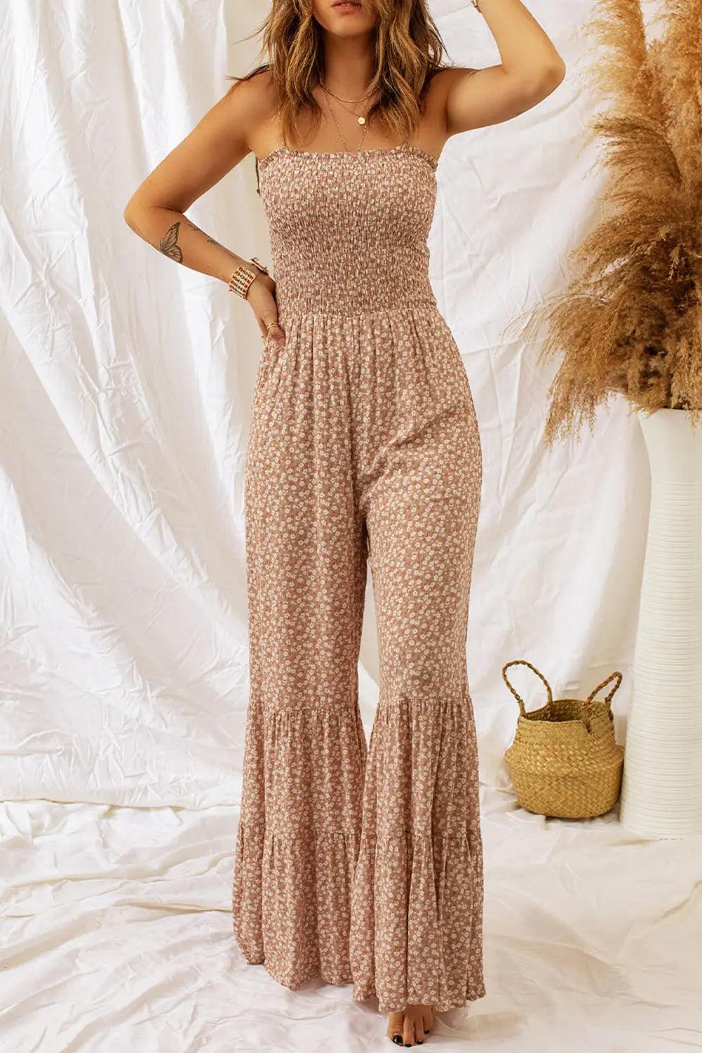 Khaki Floral Thin Straps Smocked Bodice Wide Leg Jumpsuit - Viva Vista Store