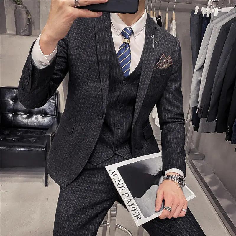 Autumn and winter new business suit suit Korean style slim fashion striped wedding banquet men's suit three-piece suit - Viva Vista Store