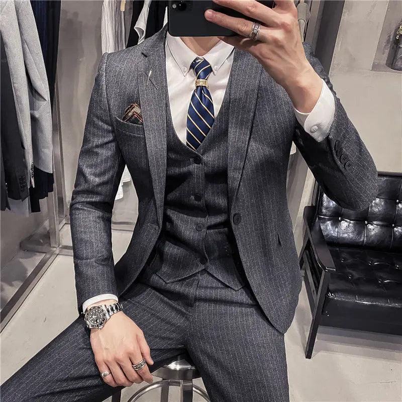 Autumn and winter new business suit suit Korean style slim fashion striped wedding banquet men's suit three-piece suit - Viva Vista Store