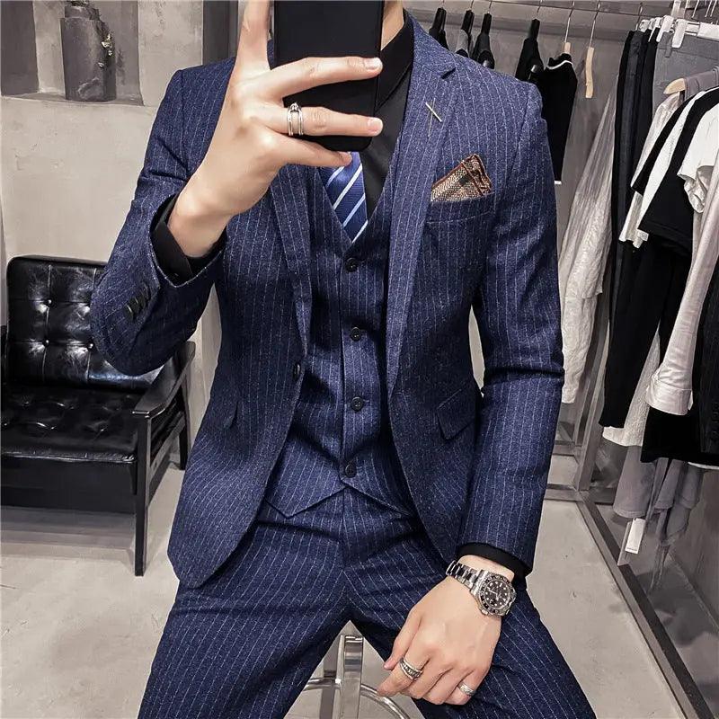 Autumn and winter new business suit suit Korean style slim fashion striped wedding banquet men's suit three-piece suit - Viva Vista Store