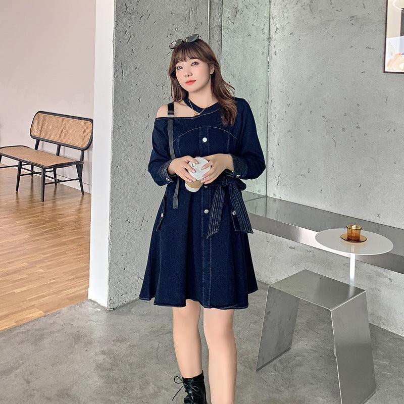 Shuangfu Korean version of the solid color plus fat large size women's autumn chubby mm light cooked new long-sleeved dress K315 - Viva Vista Store