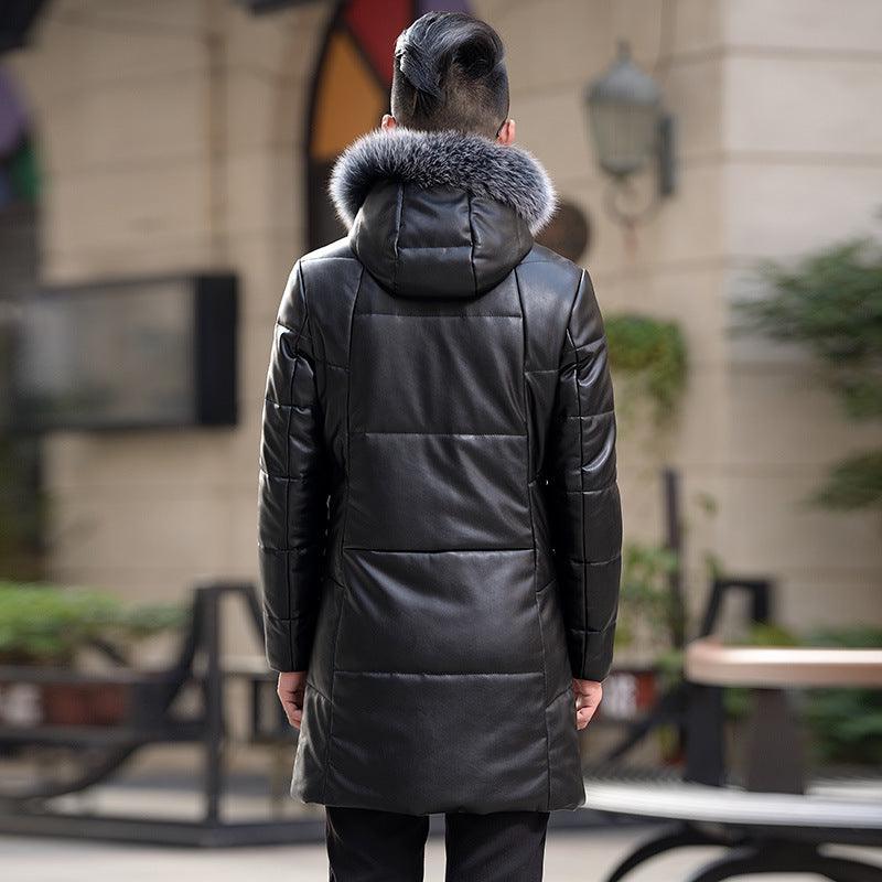 Winter new Haining leather down jacket men and long section hooded silver fox fur collar Korean version of the slim outer casing - Viva Vista Store