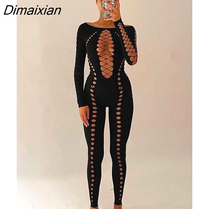 Dimaixian Puss Cross Hollow Sexy Jumpsuit Women See Through Midnight Fitness Skinny Stretchy Activity Birthday Club Party Overalls - Viva Vista Store