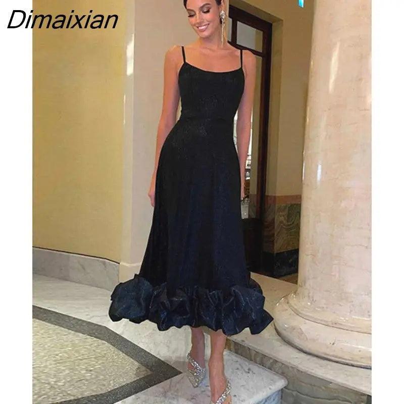 Dimaixian Sexy Solid Ruffle Hem Sling Long Dress Women Fashion Sleeveless A Line Dresses 2023 New Spring Lady Evening Party Vestido - Viva Vista Store